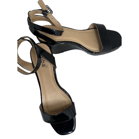 Diba Black Patent Leather Open Toe Wedge Sandals Size 10 M - Picture 2 of 7